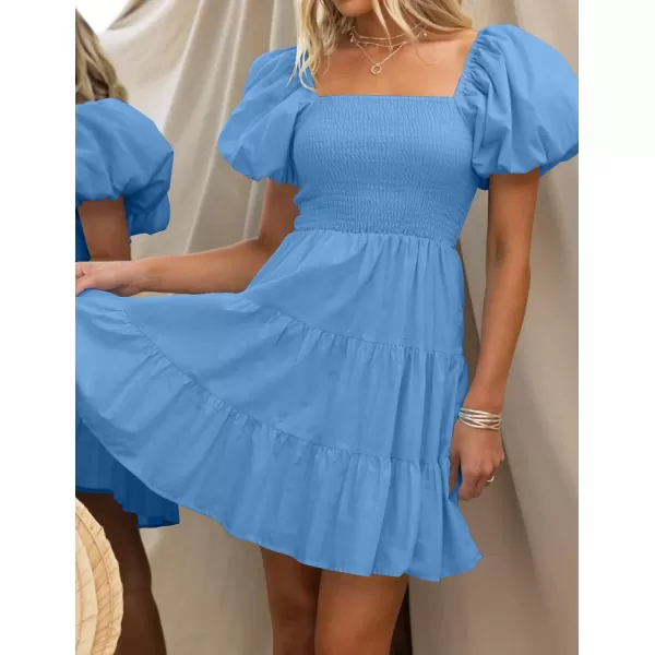 imageZESICA Womens 2024 Boho Summer Square Neck Puff Sleeve Off Shoulder Smocked Tiered Casual A Line Short Mini DressBlue