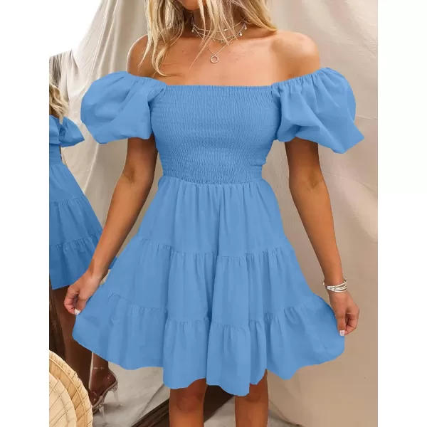 imageZESICA Womens 2024 Boho Summer Square Neck Puff Sleeve Off Shoulder Smocked Tiered Casual A Line Short Mini DressBlue