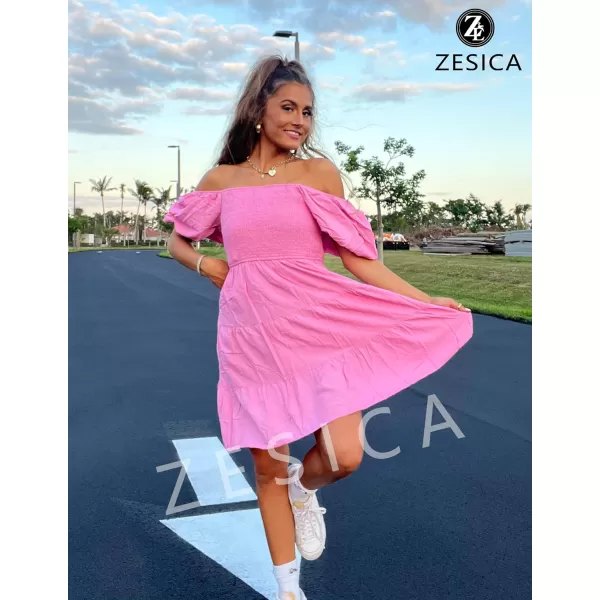 imageZESICA Womens 2024 Boho Summer Square Neck Puff Sleeve Off Shoulder Smocked Tiered Casual A Line Short Mini DressDustypink