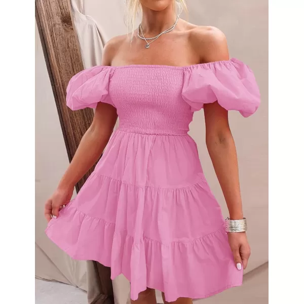 imageZESICA Womens 2024 Boho Summer Square Neck Puff Sleeve Off Shoulder Smocked Tiered Casual A Line Short Mini DressDustypink