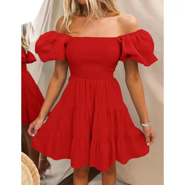 imageZESICA Womens 2024 Boho Summer Square Neck Puff Sleeve Off Shoulder Smocked Tiered Casual A Line Short Mini DressFirered