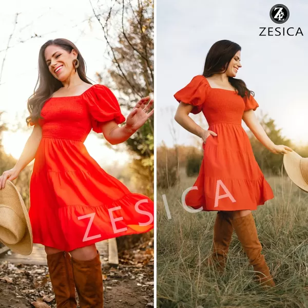imageZESICA Womens 2024 Boho Summer Square Neck Puff Sleeve Off Shoulder Smocked Tiered Casual A Line Short Mini DressFirered