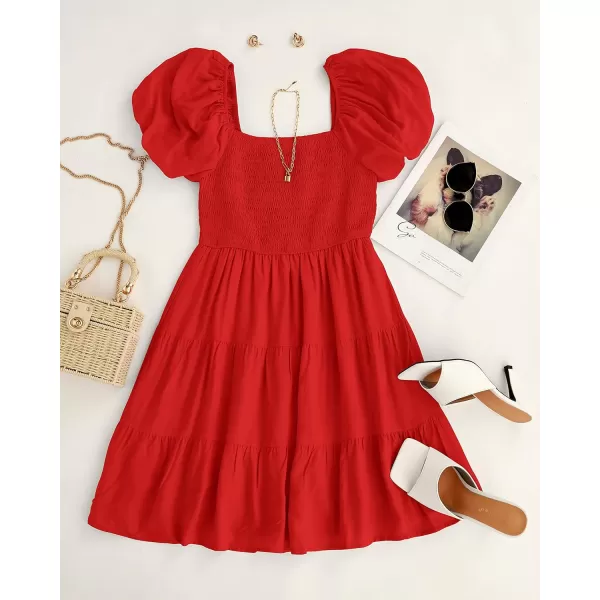 imageZESICA Womens 2024 Boho Summer Square Neck Puff Sleeve Off Shoulder Smocked Tiered Casual A Line Short Mini DressFirered