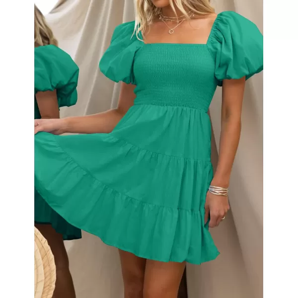 imageZESICA Womens 2024 Boho Summer Square Neck Puff Sleeve Off Shoulder Smocked Tiered Casual A Line Short Mini DressGreen