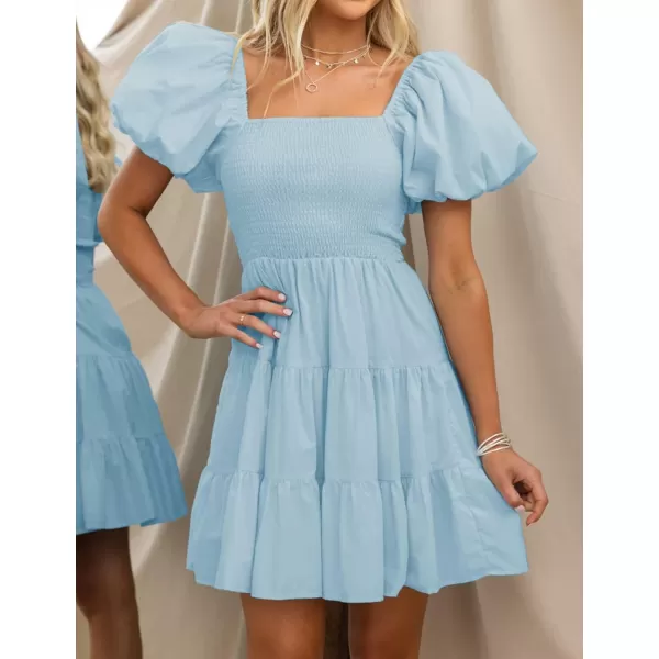 imageZESICA Womens 2024 Boho Summer Square Neck Puff Sleeve Off Shoulder Smocked Tiered Casual A Line Short Mini DressLightblue