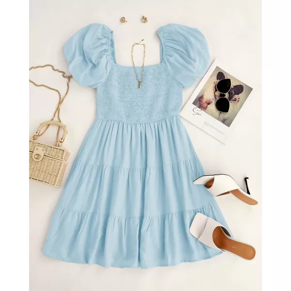 imageZESICA Womens 2024 Boho Summer Square Neck Puff Sleeve Off Shoulder Smocked Tiered Casual A Line Short Mini DressLightblue