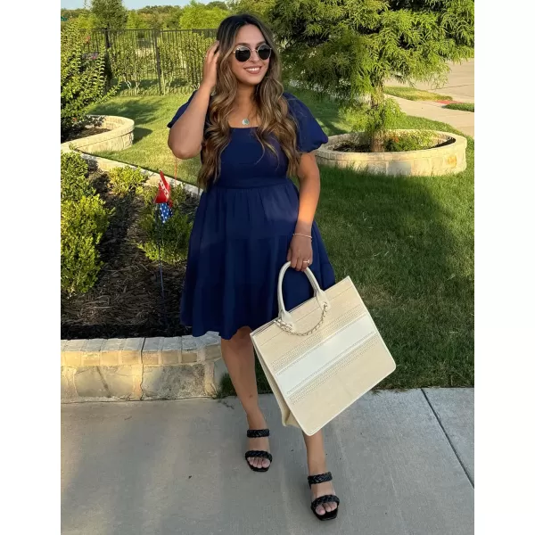 imageZESICA Womens 2024 Boho Summer Square Neck Puff Sleeve Off Shoulder Smocked Tiered Casual A Line Short Mini DressNavy