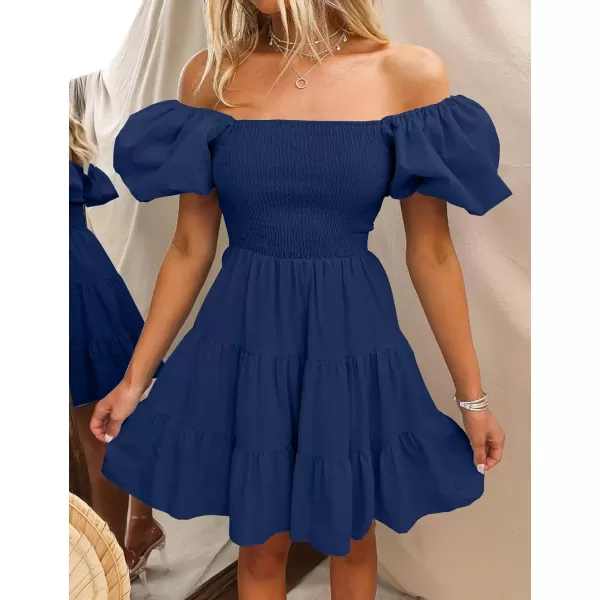 imageZESICA Womens 2024 Boho Summer Square Neck Puff Sleeve Off Shoulder Smocked Tiered Casual A Line Short Mini DressNavy