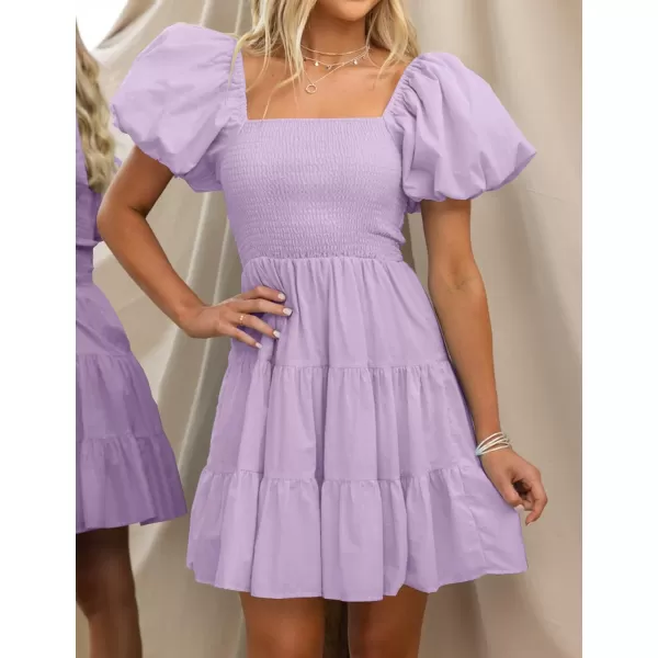 imageZESICA Womens 2024 Boho Summer Square Neck Puff Sleeve Off Shoulder Smocked Tiered Casual A Line Short Mini DressPurple