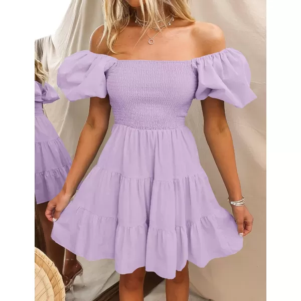 imageZESICA Womens 2024 Boho Summer Square Neck Puff Sleeve Off Shoulder Smocked Tiered Casual A Line Short Mini DressPurple