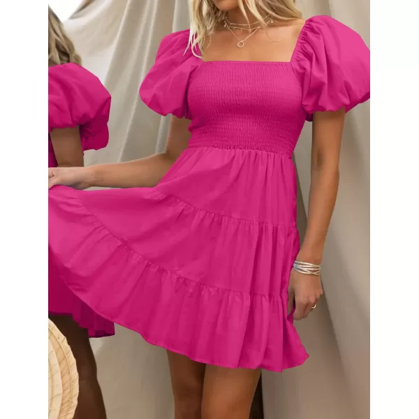 imageZESICA Womens 2024 Boho Summer Square Neck Puff Sleeve Off Shoulder Smocked Tiered Casual A Line Short Mini DressRose