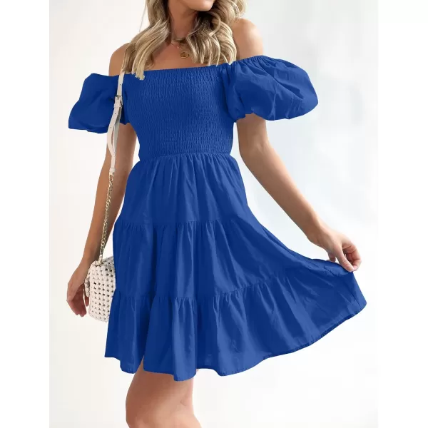 imageZESICA Womens 2024 Boho Summer Square Neck Puff Sleeve Off Shoulder Smocked Tiered Casual A Line Short Mini DressRoyalblue