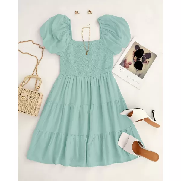 imageZESICA Womens 2024 Boho Summer Square Neck Puff Sleeve Off Shoulder Smocked Tiered Casual A Line Short Mini DressSage