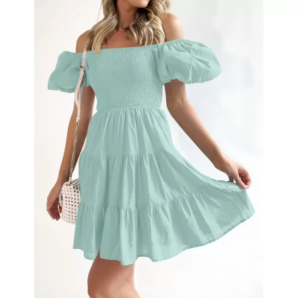 imageZESICA Womens 2024 Boho Summer Square Neck Puff Sleeve Off Shoulder Smocked Tiered Casual A Line Short Mini DressSage