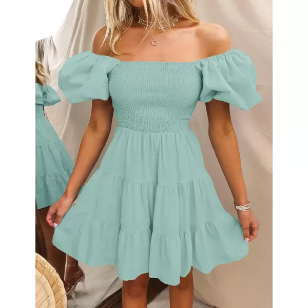 imageZESICA Womens 2024 Boho Summer Square Neck Puff Sleeve Off Shoulder Smocked Tiered Casual A Line Short Mini DressSage