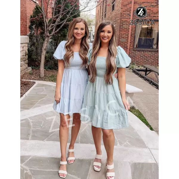 imageZESICA Womens 2024 Boho Summer Square Neck Puff Sleeve Off Shoulder Smocked Tiered Casual A Line Short Mini DressSage