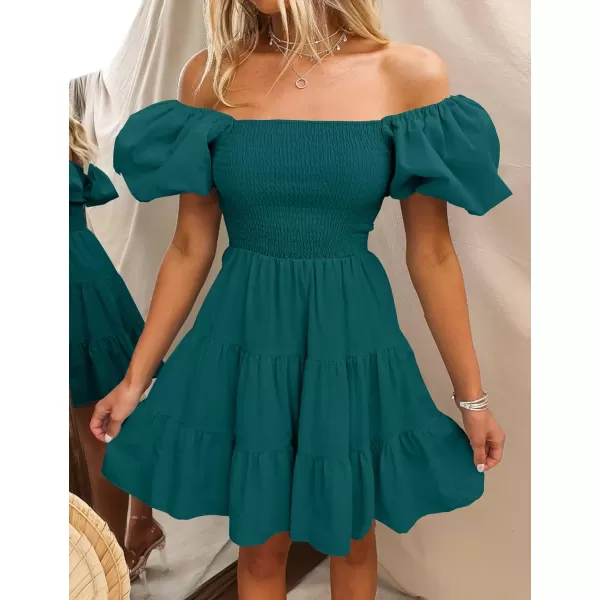 imageZESICA Womens 2024 Boho Summer Square Neck Puff Sleeve Off Shoulder Smocked Tiered Casual A Line Short Mini DressTeal