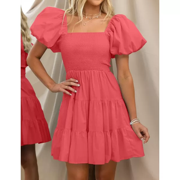 imageZESICA Womens 2024 Boho Summer Square Neck Puff Sleeve Off Shoulder Smocked Tiered Casual A Line Short Mini DressWatermelon
