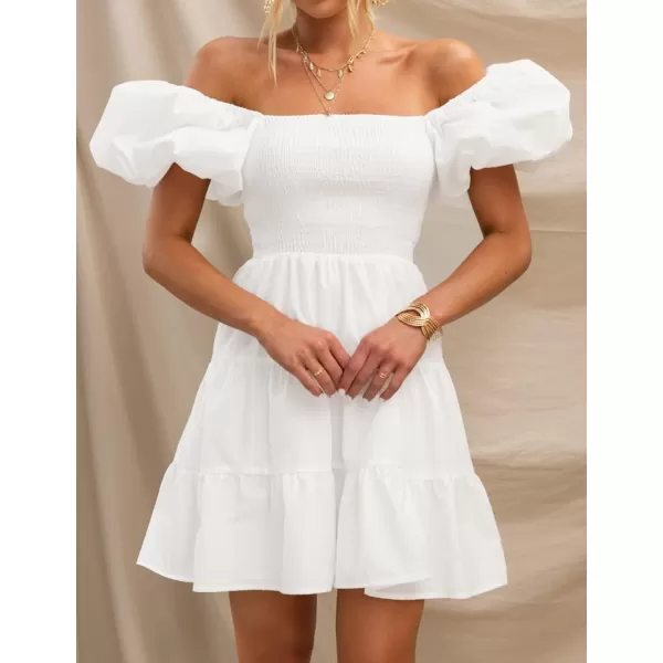 imageZESICA Womens 2024 Boho Summer Square Neck Puff Sleeve Off Shoulder Smocked Tiered Casual A Line Short Mini DressWhite