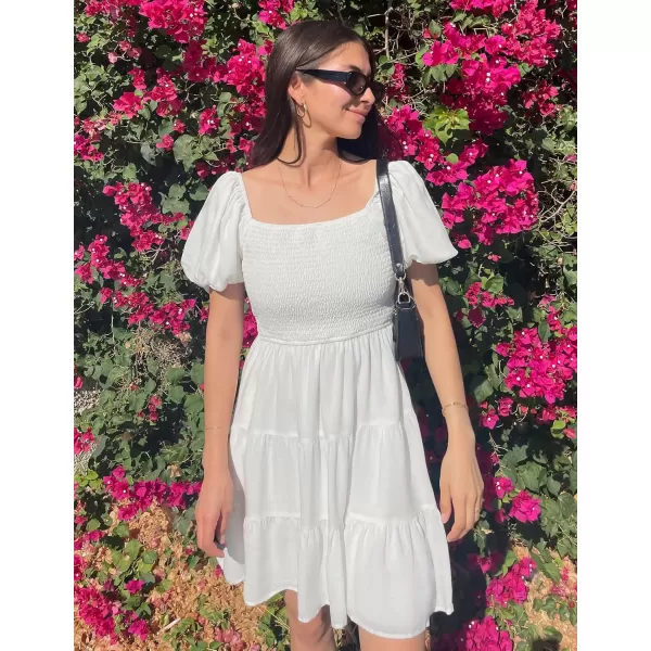imageZESICA Womens 2024 Boho Summer Square Neck Puff Sleeve Off Shoulder Smocked Tiered Casual A Line Short Mini DressWhite