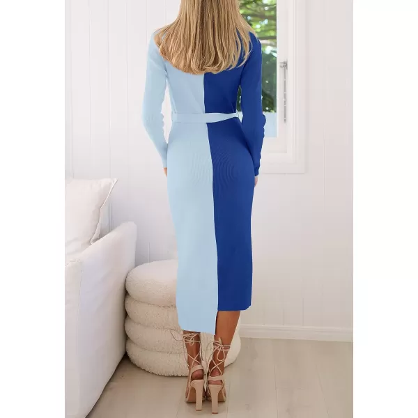 imageZESICA Womens 2024 Fall Ribbed Knit Sweater Dress Elegant Long Sleeve Crewneck Tie Waist Slim Fit Bodycon Midi DressesBlue