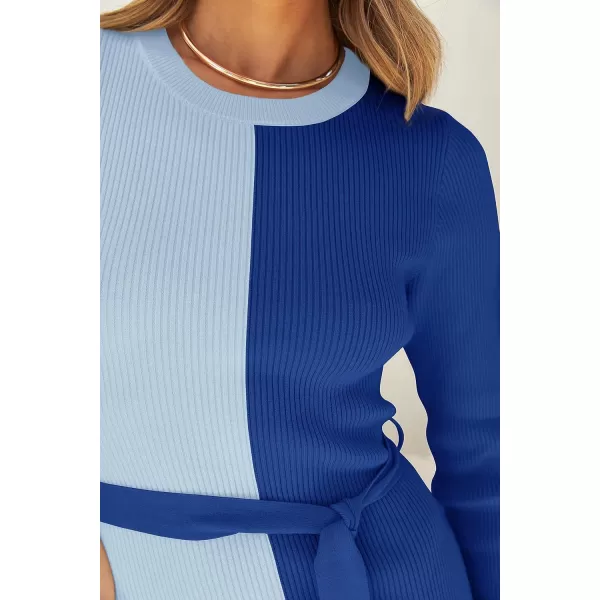 imageZESICA Womens 2024 Fall Ribbed Knit Sweater Dress Elegant Long Sleeve Crewneck Tie Waist Slim Fit Bodycon Midi DressesBlue