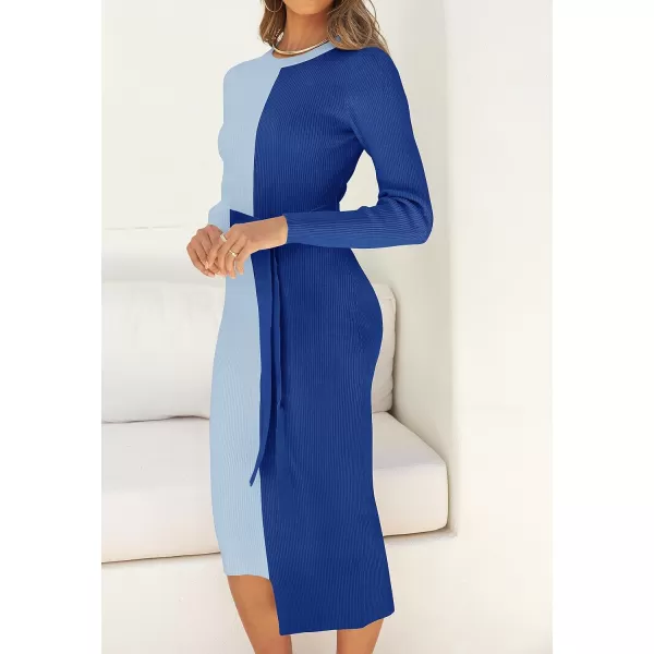 imageZESICA Womens 2024 Fall Ribbed Knit Sweater Dress Elegant Long Sleeve Crewneck Tie Waist Slim Fit Bodycon Midi DressesBlue