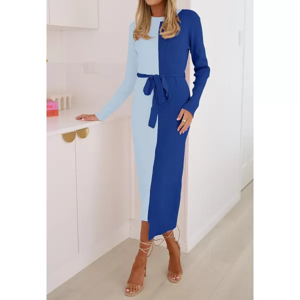 imageZESICA Womens 2024 Fall Ribbed Knit Sweater Dress Elegant Long Sleeve Crewneck Tie Waist Slim Fit Bodycon Midi DressesBlue