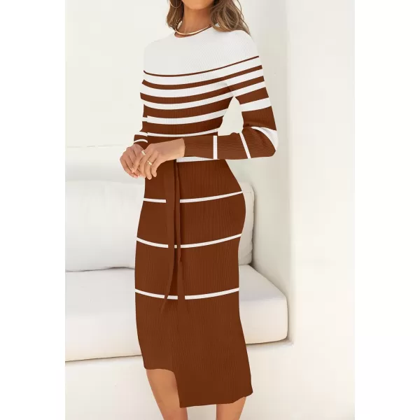 imageZESICA Womens 2024 Fall Ribbed Knit Sweater Dress Elegant Long Sleeve Crewneck Tie Waist Slim Fit Bodycon Midi DressesCaramel