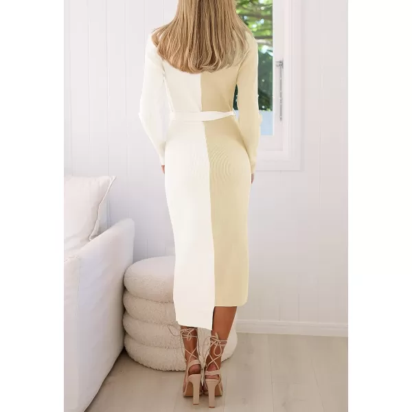 imageZESICA Womens 2024 Fall Ribbed Knit Sweater Dress Elegant Long Sleeve Crewneck Tie Waist Slim Fit Bodycon Midi DressesCream