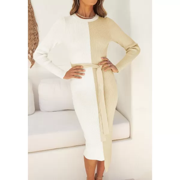imageZESICA Womens 2024 Fall Ribbed Knit Sweater Dress Elegant Long Sleeve Crewneck Tie Waist Slim Fit Bodycon Midi DressesCream