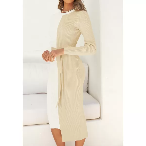 imageZESICA Womens 2024 Fall Ribbed Knit Sweater Dress Elegant Long Sleeve Crewneck Tie Waist Slim Fit Bodycon Midi DressesCream