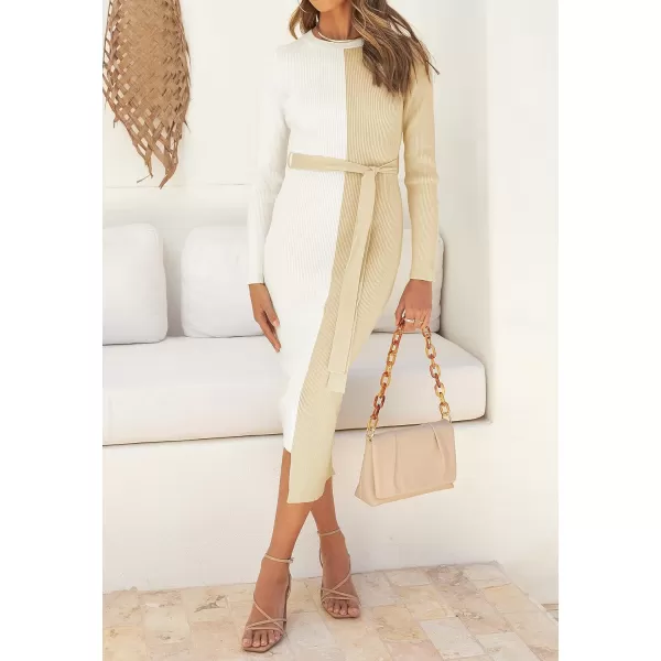 imageZESICA Womens 2024 Fall Ribbed Knit Sweater Dress Elegant Long Sleeve Crewneck Tie Waist Slim Fit Bodycon Midi DressesCream