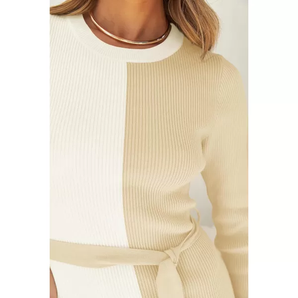 imageZESICA Womens 2024 Fall Ribbed Knit Sweater Dress Elegant Long Sleeve Crewneck Tie Waist Slim Fit Bodycon Midi DressesCream