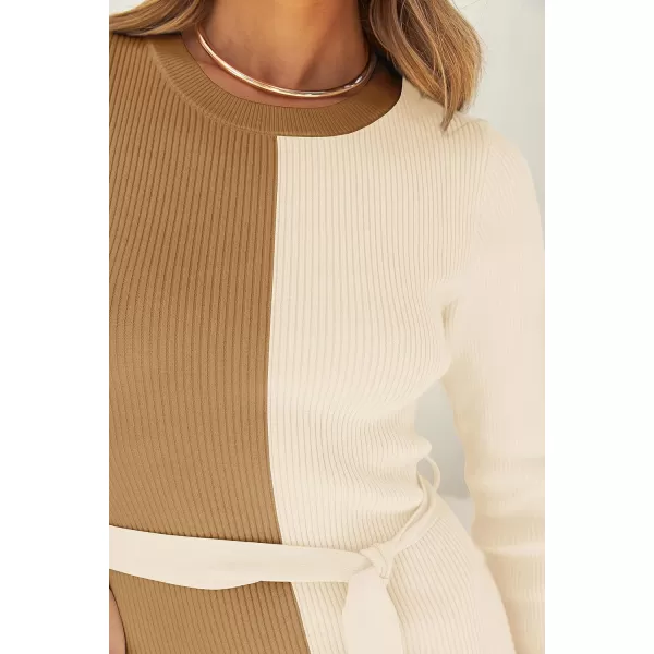 imageZESICA Womens 2024 Fall Ribbed Knit Sweater Dress Elegant Long Sleeve Crewneck Tie Waist Slim Fit Bodycon Midi DressesKhaki