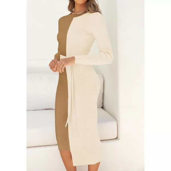 imageZESICA Womens 2024 Fall Ribbed Knit Sweater Dress Elegant Long Sleeve Crewneck Tie Waist Slim Fit Bodycon Midi DressesKhaki