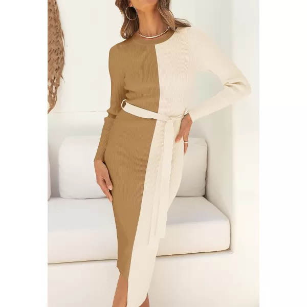 imageZESICA Womens 2024 Fall Ribbed Knit Sweater Dress Elegant Long Sleeve Crewneck Tie Waist Slim Fit Bodycon Midi DressesKhaki