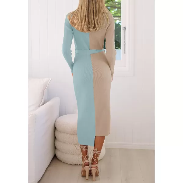 imageZESICA Womens 2024 Fall Ribbed Knit Sweater Dress Elegant Long Sleeve Crewneck Tie Waist Slim Fit Bodycon Midi DressesSage