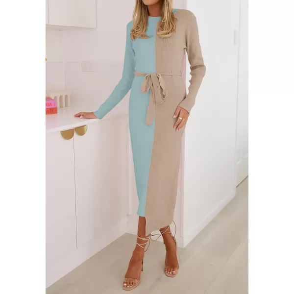 imageZESICA Womens 2024 Fall Ribbed Knit Sweater Dress Elegant Long Sleeve Crewneck Tie Waist Slim Fit Bodycon Midi DressesSage