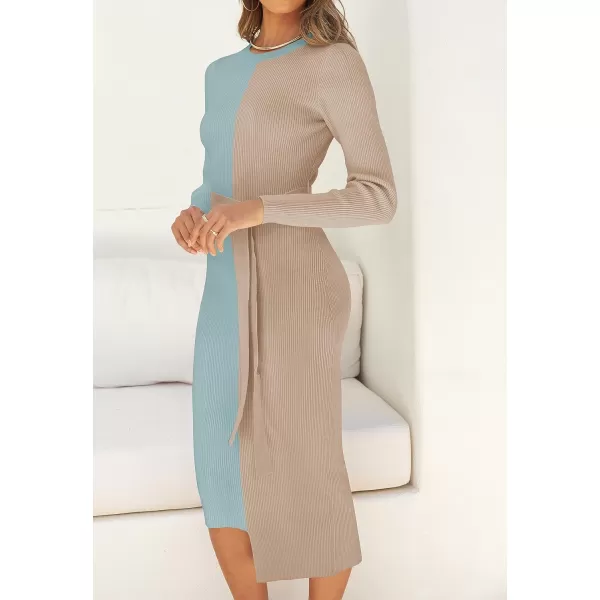 imageZESICA Womens 2024 Fall Ribbed Knit Sweater Dress Elegant Long Sleeve Crewneck Tie Waist Slim Fit Bodycon Midi DressesSage