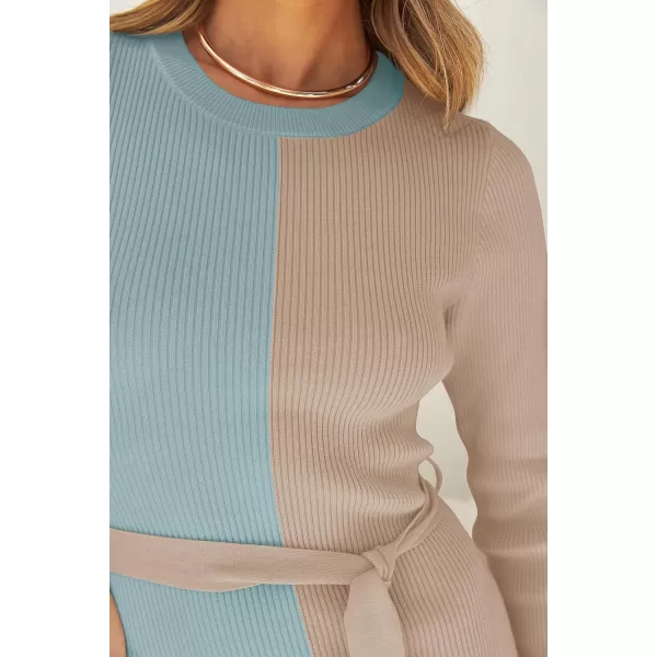 imageZESICA Womens 2024 Fall Ribbed Knit Sweater Dress Elegant Long Sleeve Crewneck Tie Waist Slim Fit Bodycon Midi DressesSage