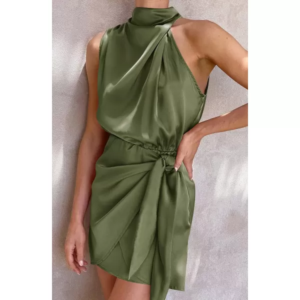 imageZESICA Womens 2024 Fashion Satin Sleeveless Halter Neck Tie Waist Wrap Bodycon Cocktail Party Mini DressArmygreen