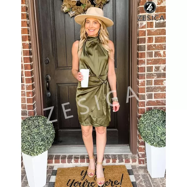 imageZESICA Womens 2024 Fashion Satin Sleeveless Halter Neck Tie Waist Wrap Bodycon Cocktail Party Mini DressArmygreen