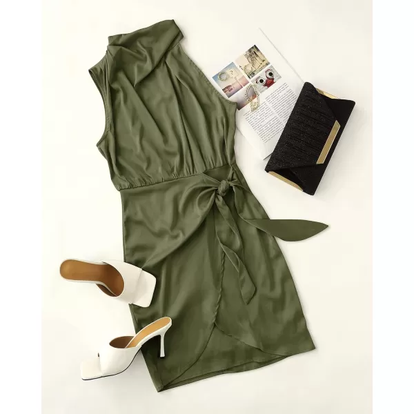 imageZESICA Womens 2024 Fashion Satin Sleeveless Halter Neck Tie Waist Wrap Bodycon Cocktail Party Mini DressArmygreen