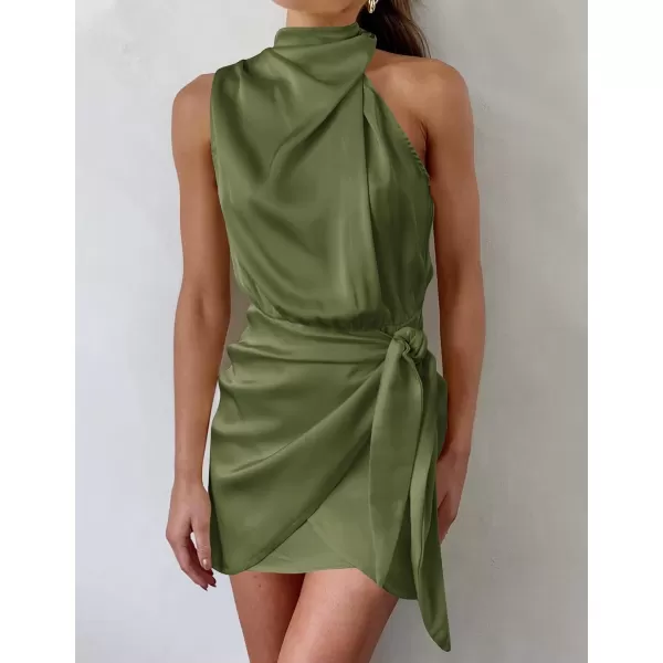 imageZESICA Womens 2024 Fashion Satin Sleeveless Halter Neck Tie Waist Wrap Bodycon Cocktail Party Mini DressArmygreen