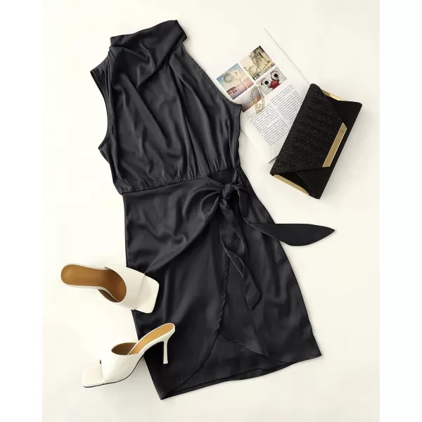 imageZESICA Womens 2024 Fashion Satin Sleeveless Halter Neck Tie Waist Wrap Bodycon Cocktail Party Mini DressBlack
