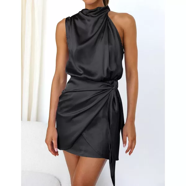 imageZESICA Womens 2024 Fashion Satin Sleeveless Halter Neck Tie Waist Wrap Bodycon Cocktail Party Mini DressBlack
