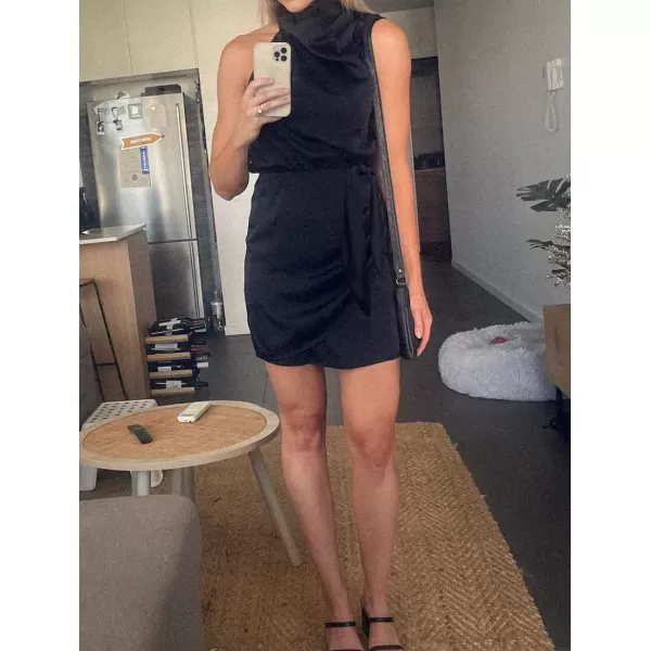 imageZESICA Womens 2024 Fashion Satin Sleeveless Halter Neck Tie Waist Wrap Bodycon Cocktail Party Mini DressBlack