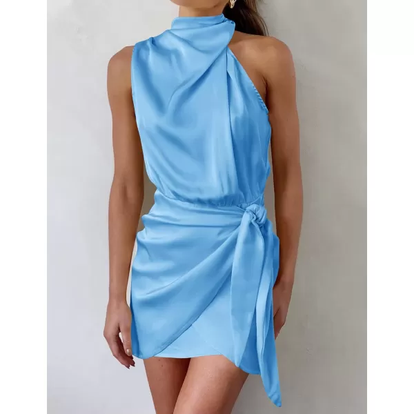 imageZESICA Womens 2024 Fashion Satin Sleeveless Halter Neck Tie Waist Wrap Bodycon Cocktail Party Mini DressBlue