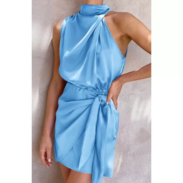 imageZESICA Womens 2024 Fashion Satin Sleeveless Halter Neck Tie Waist Wrap Bodycon Cocktail Party Mini DressBlue